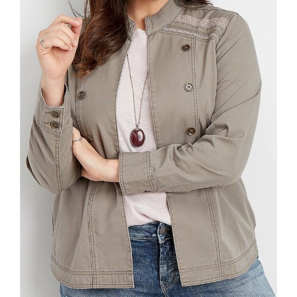 Maurices Womens Crocheted Trim Military Jacket Open Front Taupe Lightweight Sz M